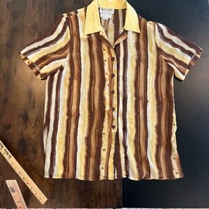 Mascara Vintage‎ Brown Yellow Striped Short Sleeve Button Up Blouse Size 12 4394